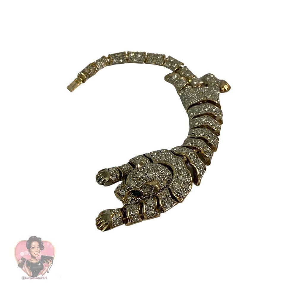 Vintage Articulating Panther/Jaguar Pave Figural Gold Tone Statement Bracelet